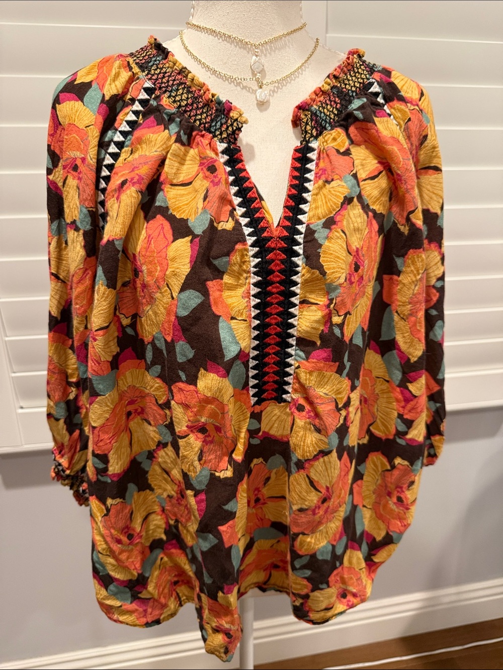 Sundance Floral Peasant Tunic in Yellow, Brown and Teal